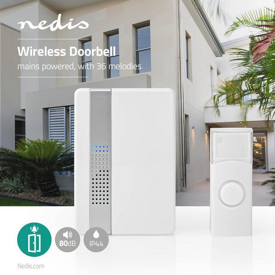 Nedis  Kabellose Türklingel | Netzadapter | 220 - 240 V AC 50 Hz | 1x CR2032 | Lautstärke: 80 dB | Signalreichweite: 300 m | IP44 | Einstellbare Lautstärke | 36 Melodien | 1 Empfänger | Weiß. 