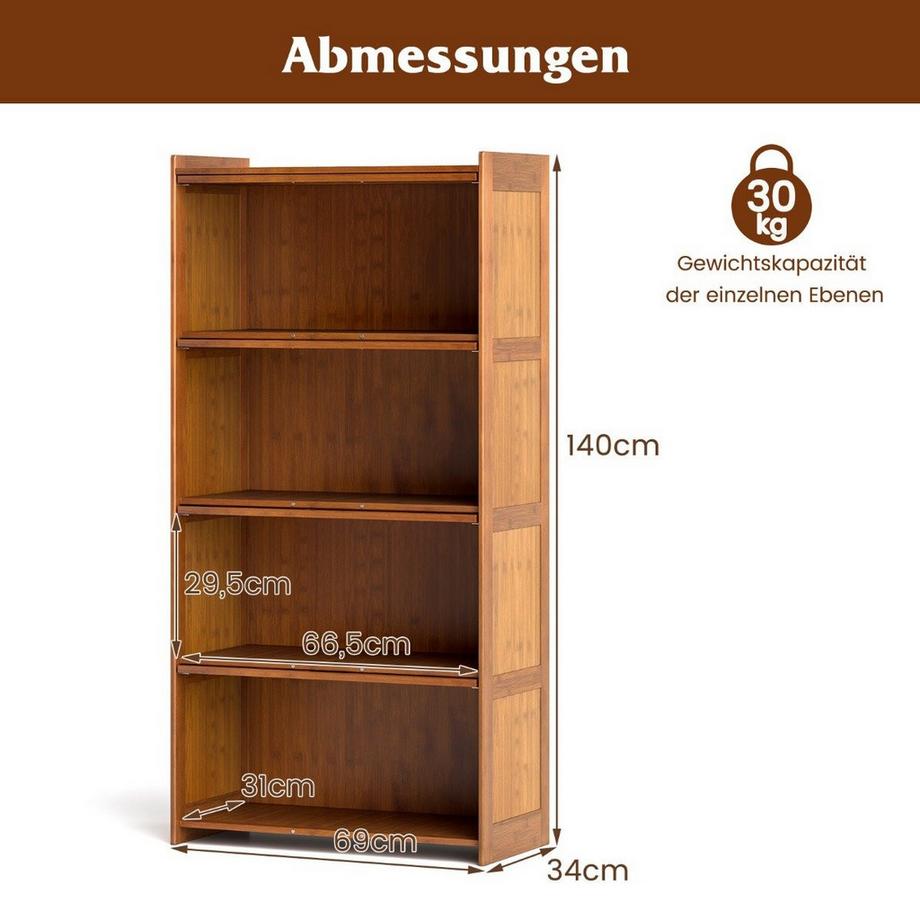 Northix 4 stöckiges Bücherregal mit Acryltüren Vitrinenschrank aus Bambus 69 x 34 x 140 cm Braun  