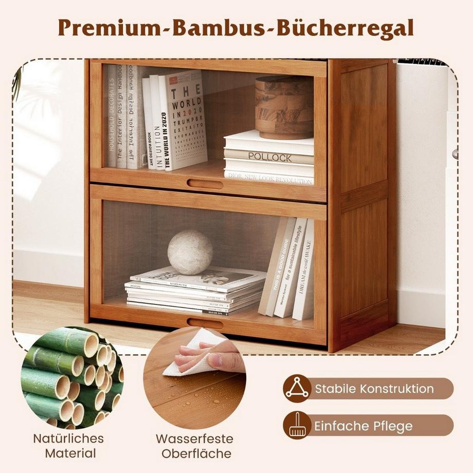 Northix 4 stöckiges Bücherregal mit Acryltüren Vitrinenschrank aus Bambus 69 x 34 x 140 cm Braun  