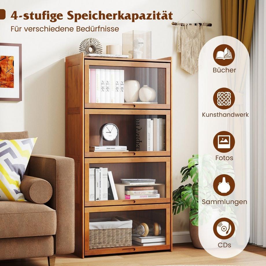 4 stöckiges Bücherregal mit Acryltüren Vitrinenschrank aus Bambus 69 x 34 x 140 cm Braun