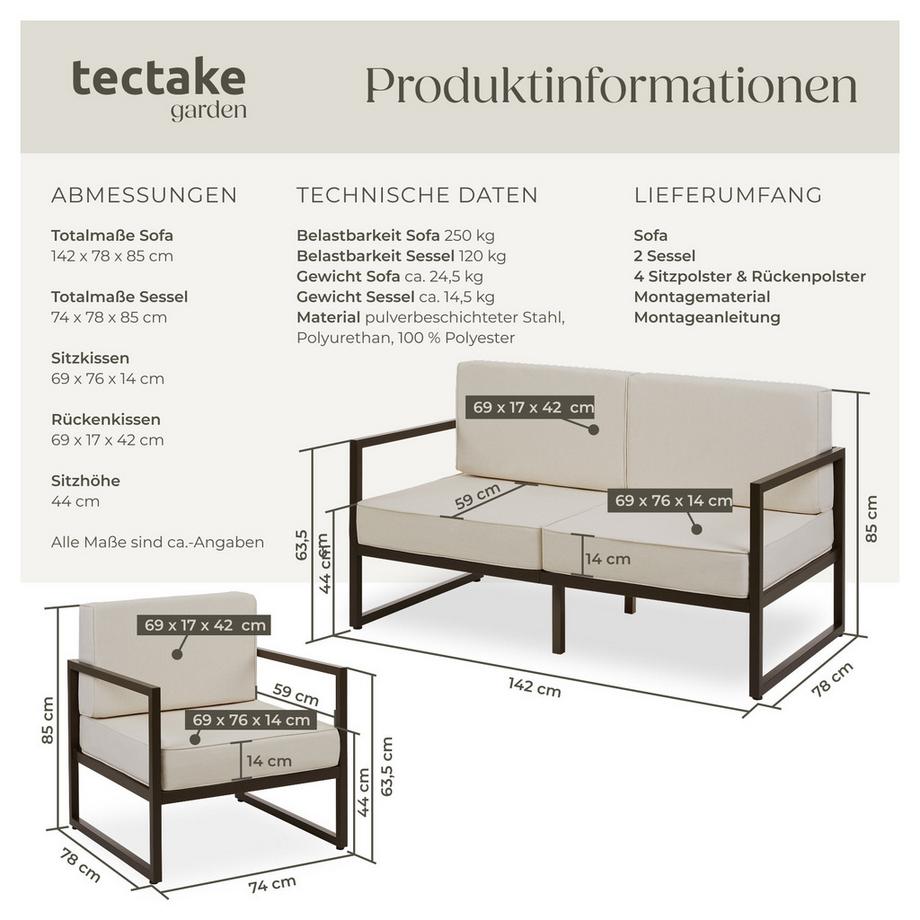 Tectake Salon de jardin COMOSA pour 4 personnes avec une épaisseur d'assise de 14 cm  