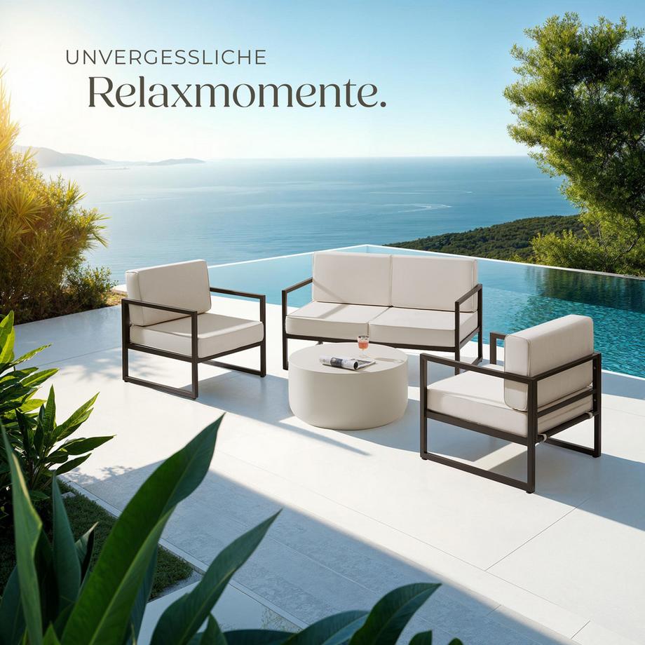 Tectake Garten-Loungeset Comosa für 4 Personen, Dicke der Sitzpolster 14 cm wasserabweisende, abnehmbare Polyesterbezüge  