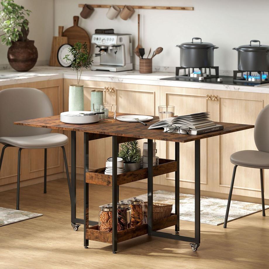 Northio Tavolo da pranzo pieghevole in design industriale, per un massimo di 4 persone, ripiani aperti, flessibile, metallo, truciolato, marrone  