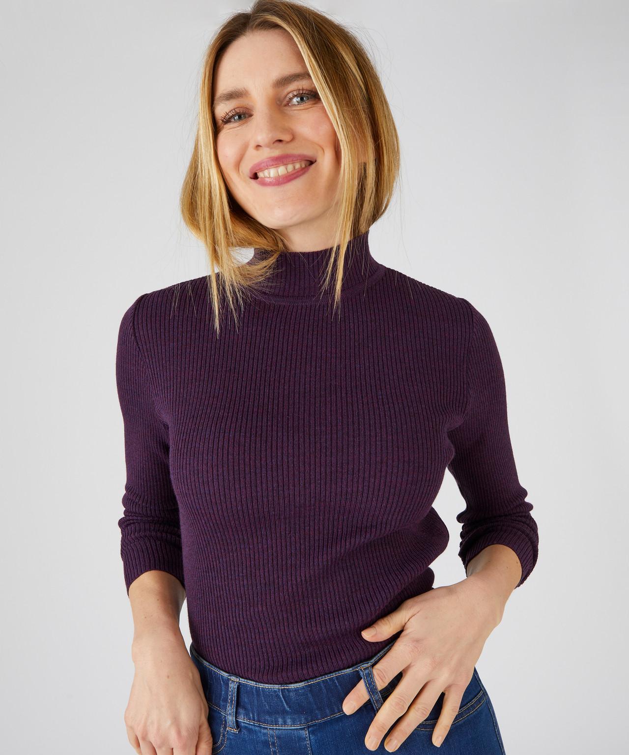 Image of Rippstrickpullover Stehkragen Uni Und Gestreift, 50 % Merino-wolle. Damen Violett 42/44