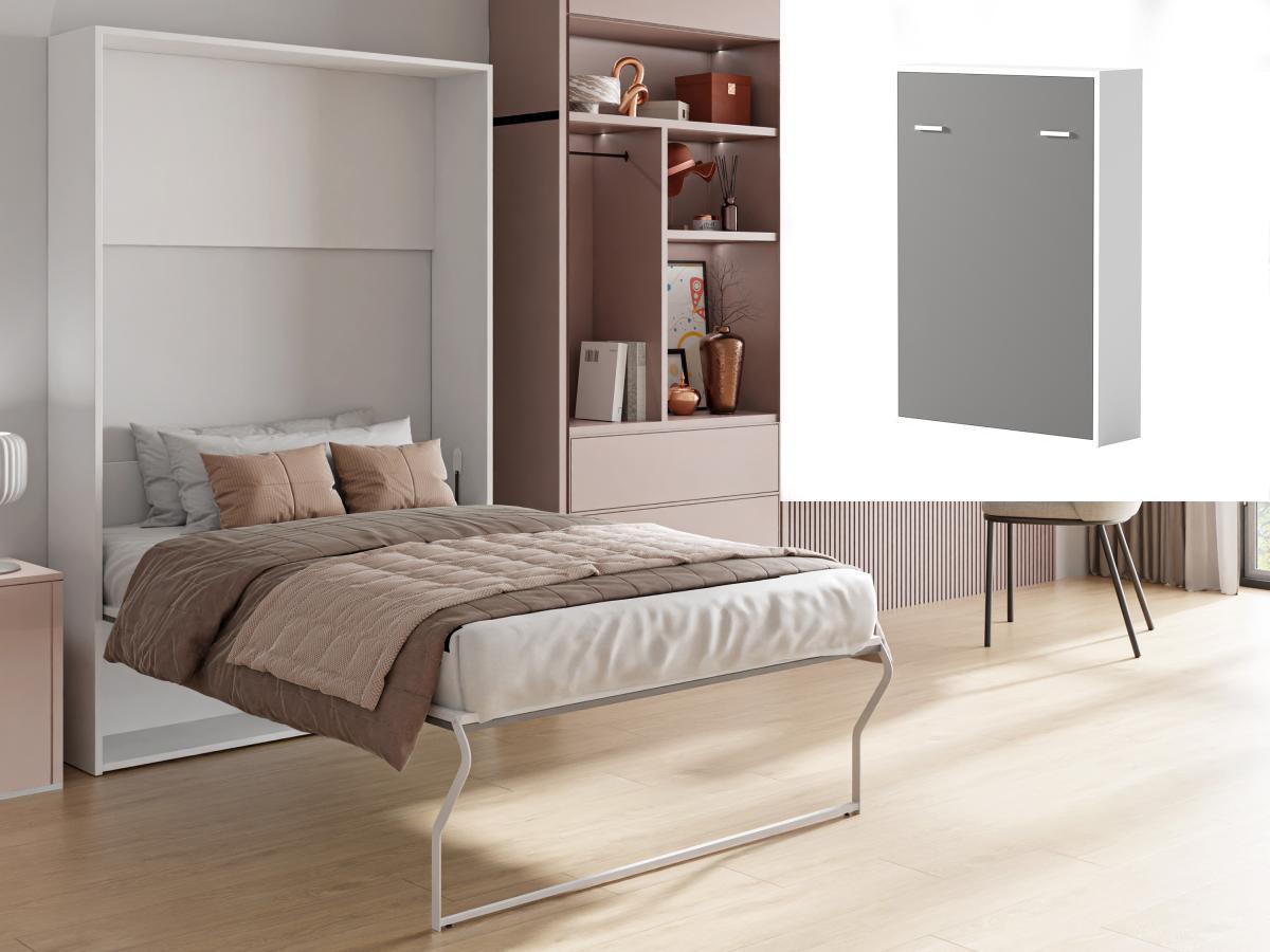 Vente-unique Letto estraibile 140 x 200 cm Apertura verticale manuale Bianco e Grigio - MALINA II  