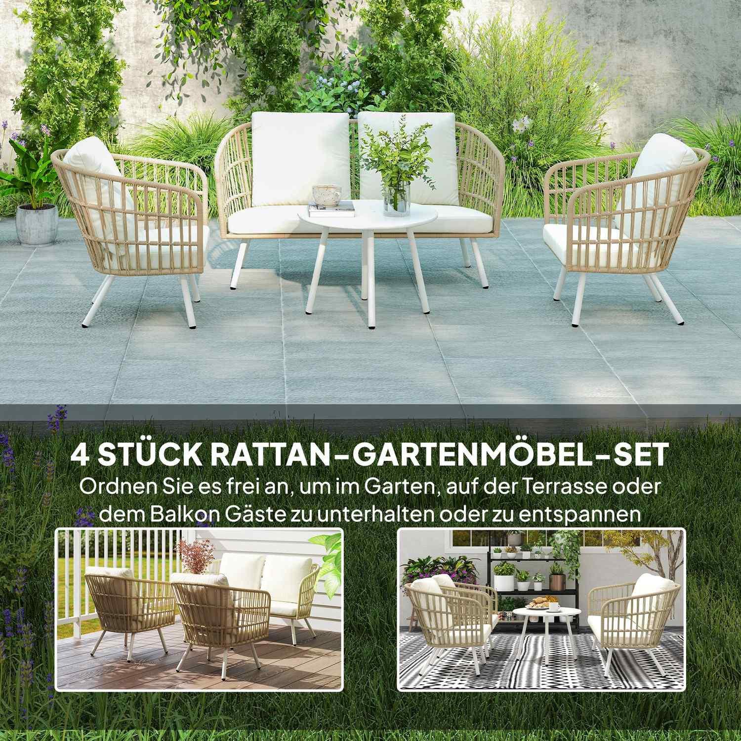 Northio Set di mobili da giardino in polyrattan set da salotto con 2 divani, sedie, cuscini da tavolo, gruppo di sedute resistente alle intemperie per 4 persone, set di mobili da balcone per esterni, mobili da giardino per giardino, balcone, terrazza, kaki |  