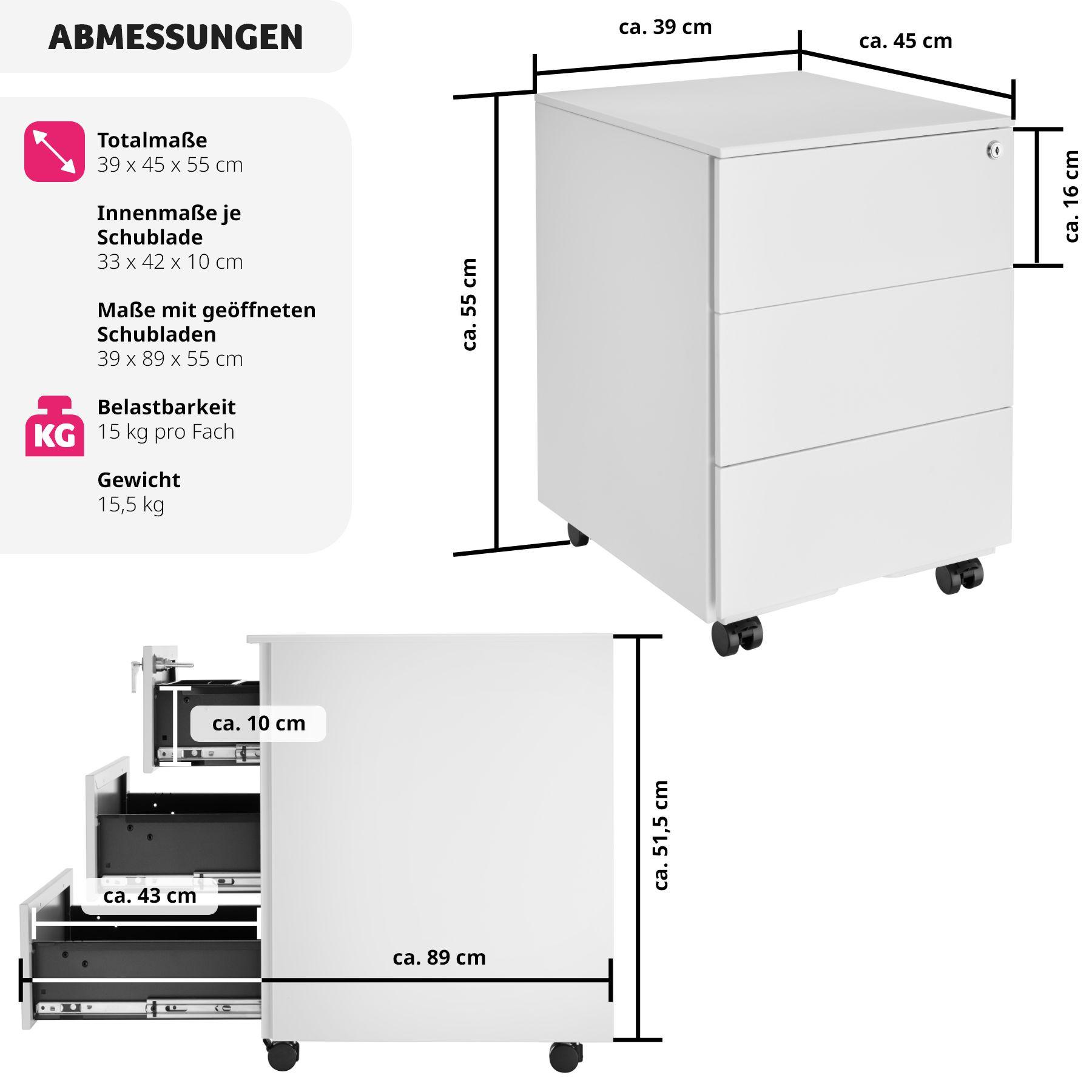 Tectake Aktenrollschrank Magna mit 3 abschliessbaren Schubladen  