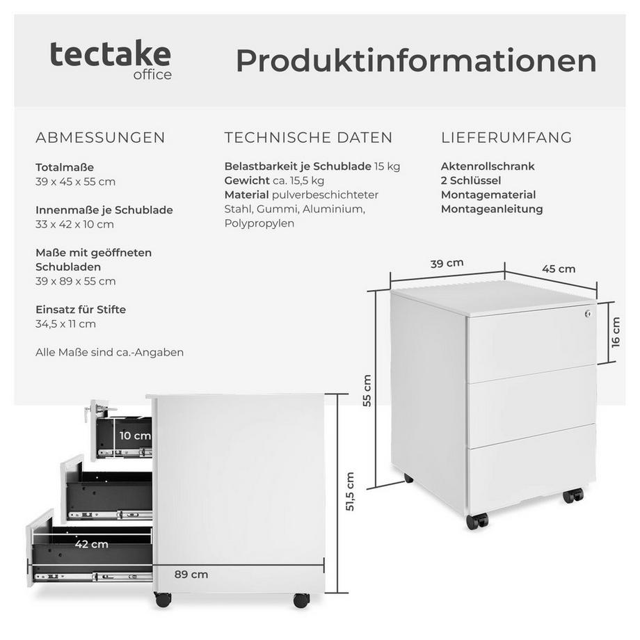Tectake Aktenrollschrank Magna aus pulverbeschichtetem Stahl mit 3 Schubladen  