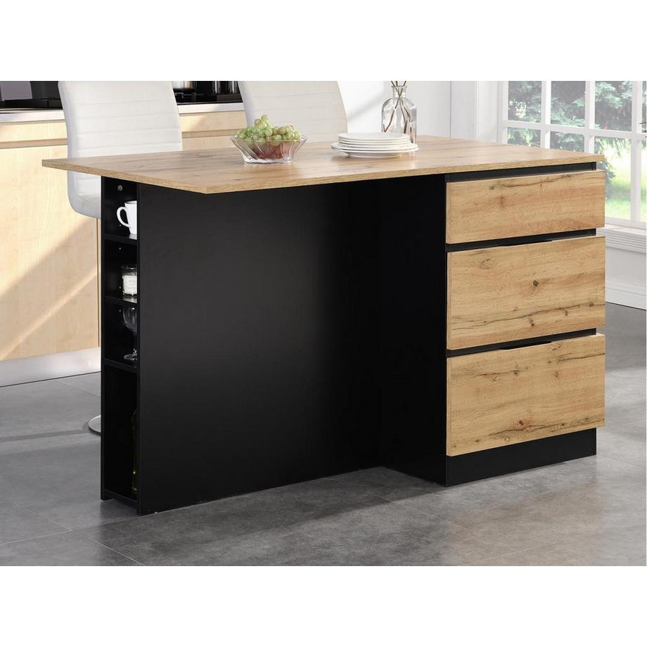 Vente-unique  Ilot central de cuisine avec 6 tiroirs et 4 niches en MDF - Naturel clair et Noir - POMARELA 