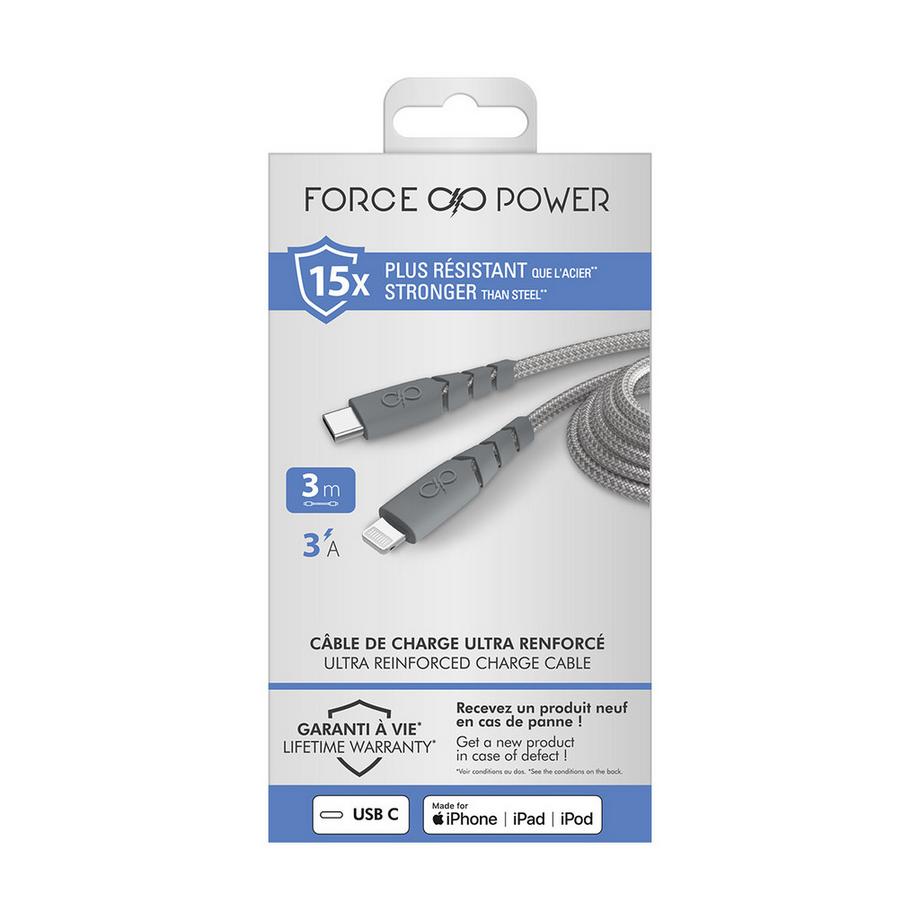 Force Power  Kabel verstärkt USB-C/Lightning 3m - 3A 