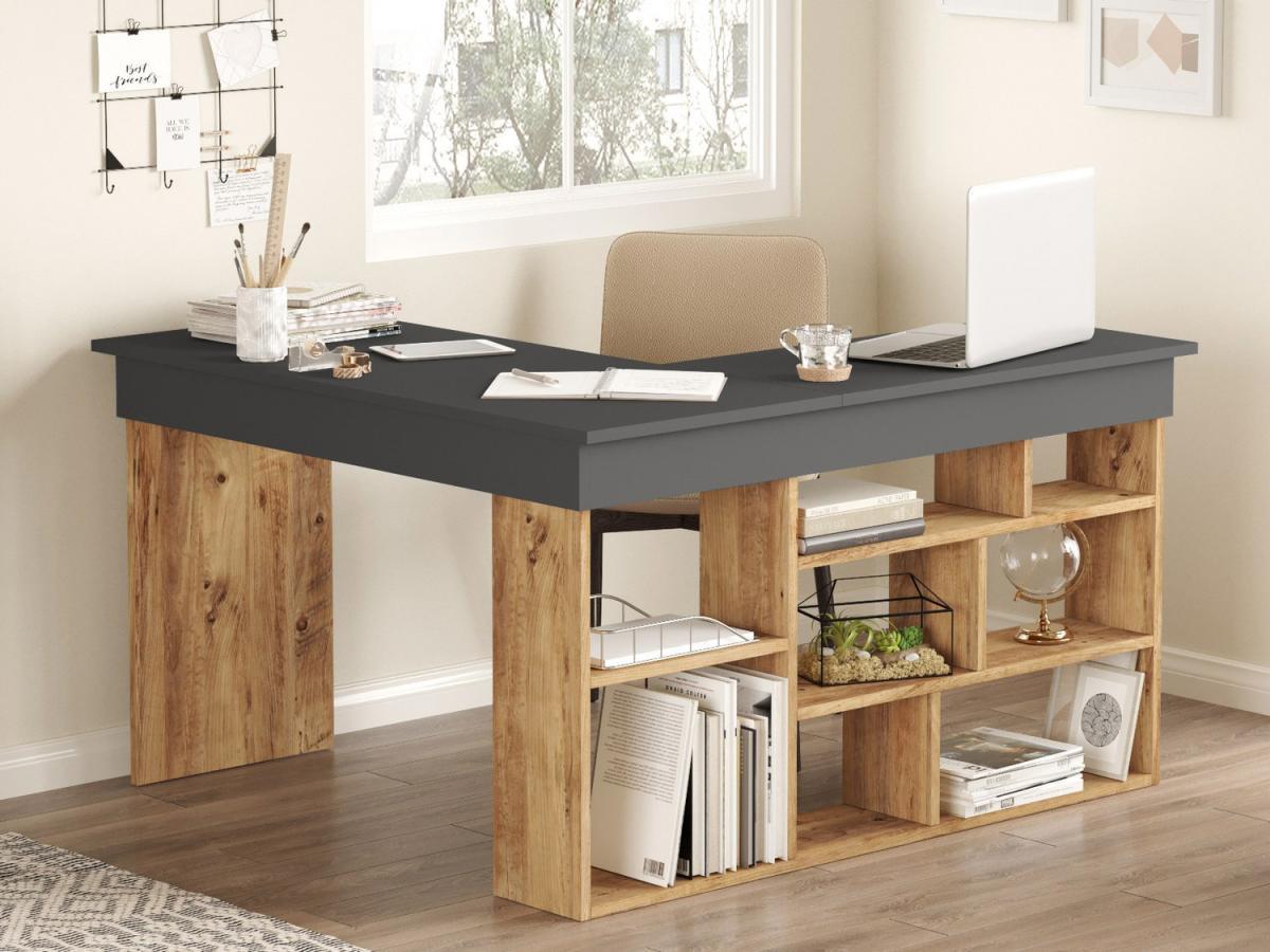 Vente-unique Bureau d'angle avec rangements - Coloris : Anthracite et naturel - LILEUL  