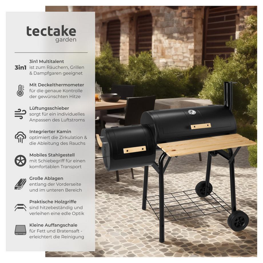 Tectake Holzkohlegrill  3 in 1, zum Grillen, Räuchern, Garen, mit 2 Rädern 2 separate Kammern, regulierbare Luftzufuhr  