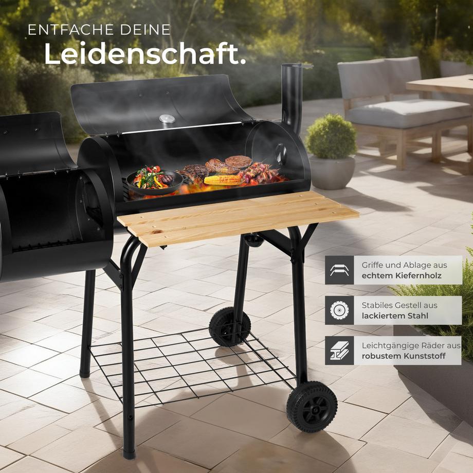 Tectake Holzkohlegrill  3 in 1, zum Grillen, Räuchern, Garen, mit 2 Rädern 2 separate Kammern, regulierbare Luftzufuhr  