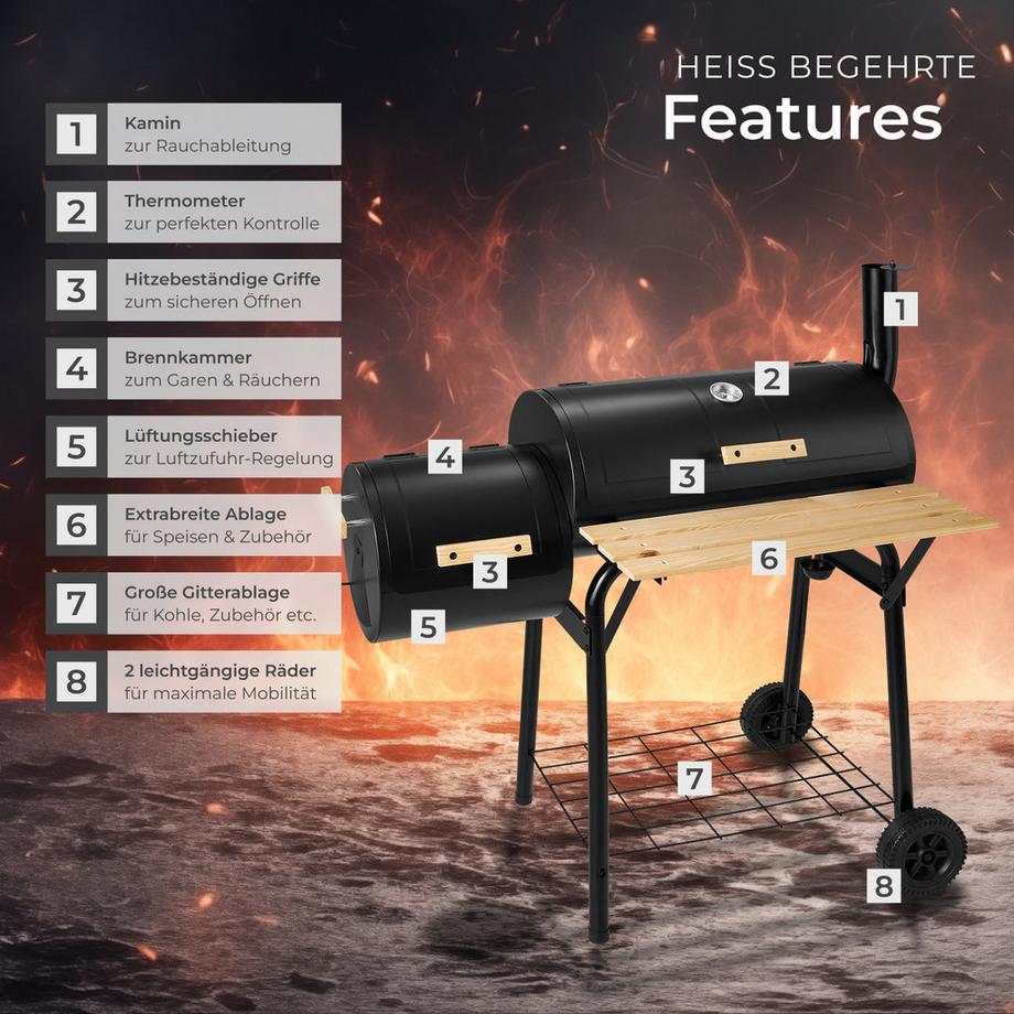 Tectake Holzkohlegrill  3 in 1, zum Grillen, Räuchern, Garen, mit 2 Rädern 2 separate Kammern, regulierbare Luftzufuhr  