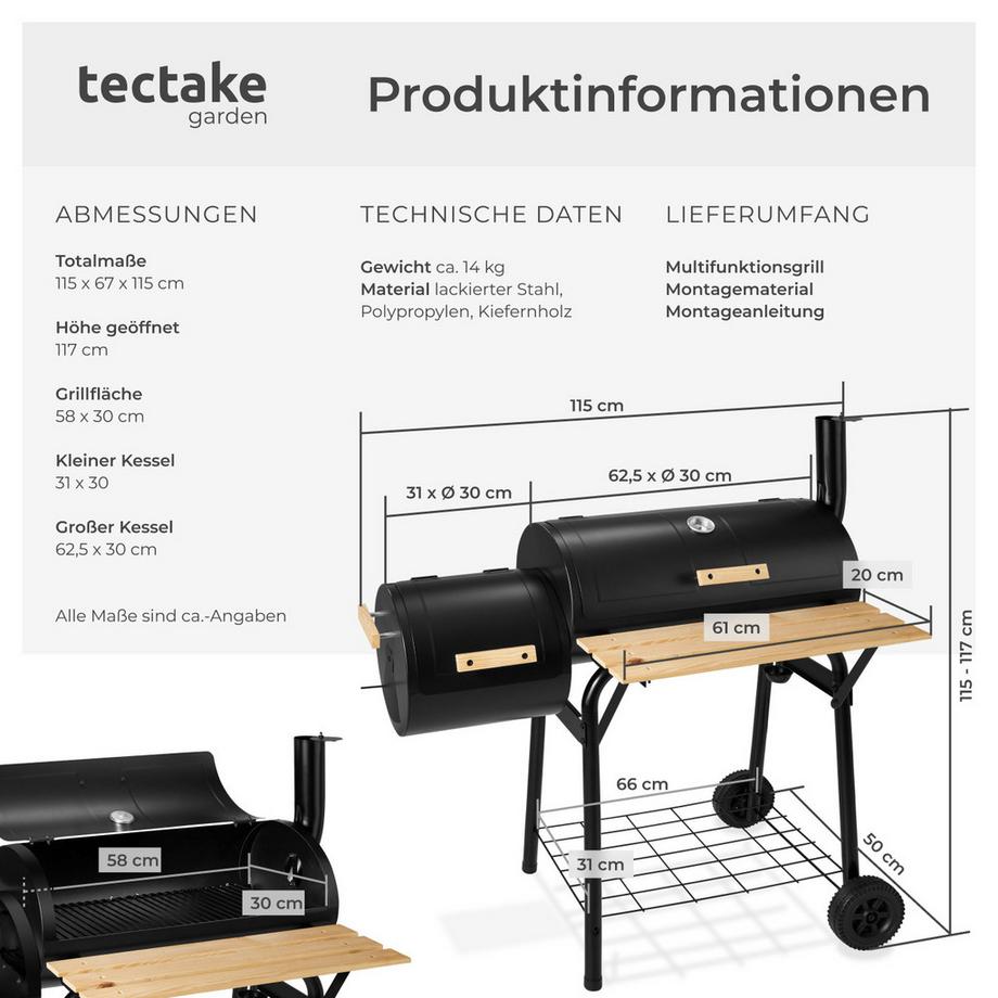 Tectake Holzkohlegrill  3 in 1, zum Grillen, Räuchern, Garen, mit 2 Rädern 2 separate Kammern, regulierbare Luftzufuhr  
