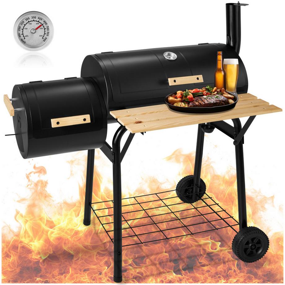 Tectake Holzkohlegrill  3 in 1, zum Grillen, Räuchern, Garen, mit 2 Rädern 2 separate Kammern, regulierbare Luftzufuhr  