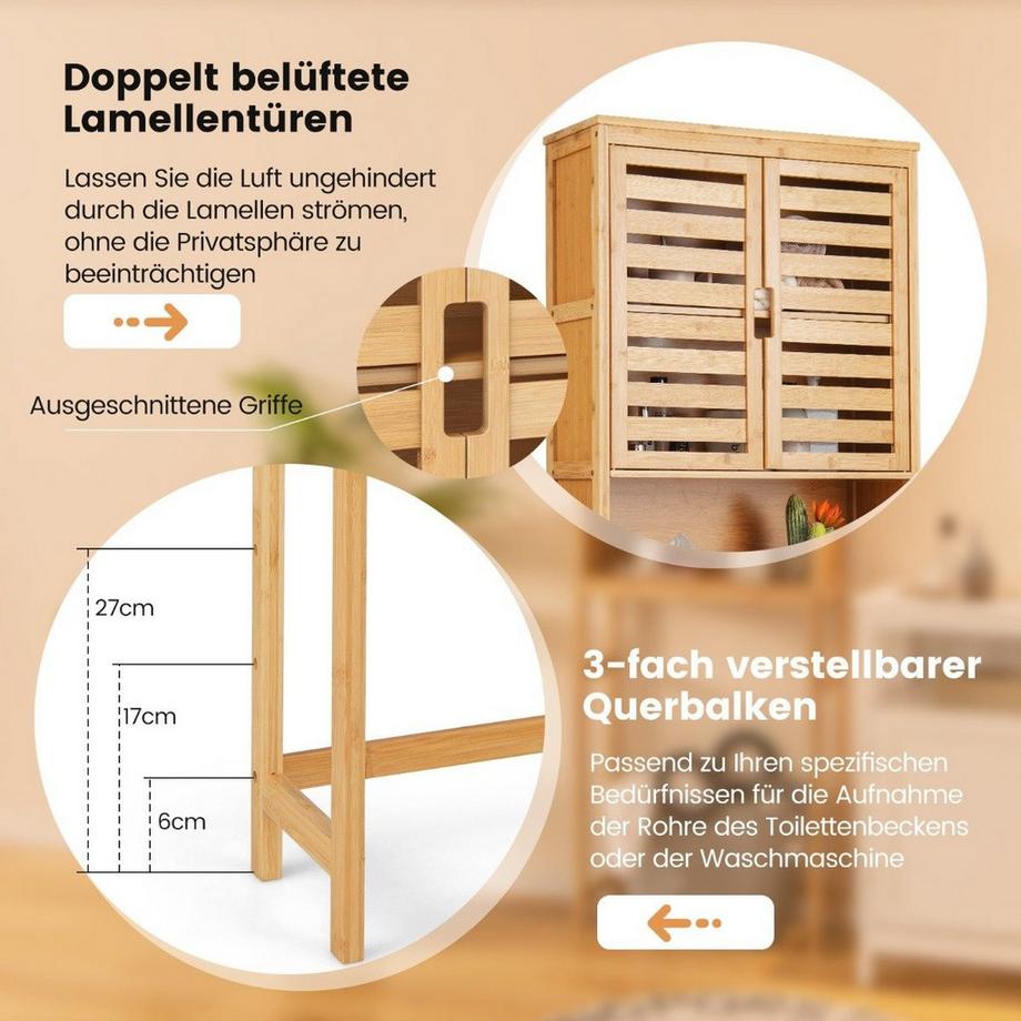 B2X Meuble de toilette en bambou avec 2 portes à lattes & étagère ouverte & traverse réglable  