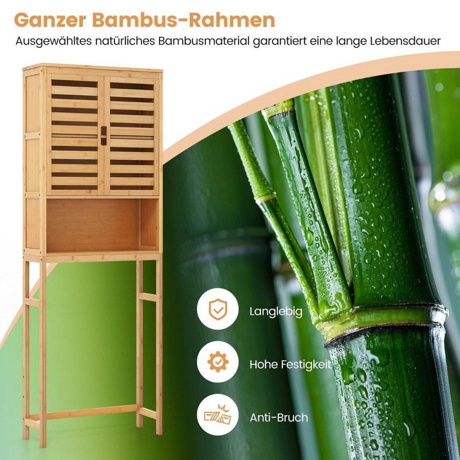 B2X Meuble de toilette en bambou avec 2 portes à lattes & étagère ouverte & traverse réglable  