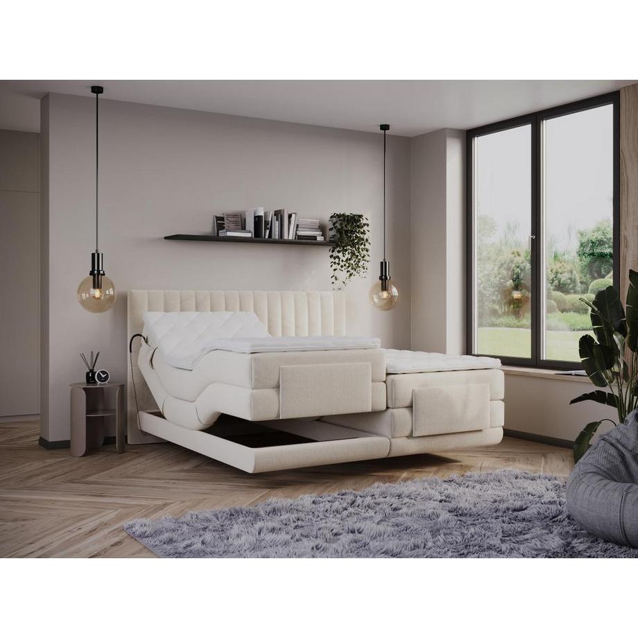 Vente-unique Ensemble complet boxspring tête de lit coutures verticales + sommiers relaxation électrique + matelas + surmatelas - 2 x 80 x 200 cm - Velours - Beige - DONISI de PALACIO  