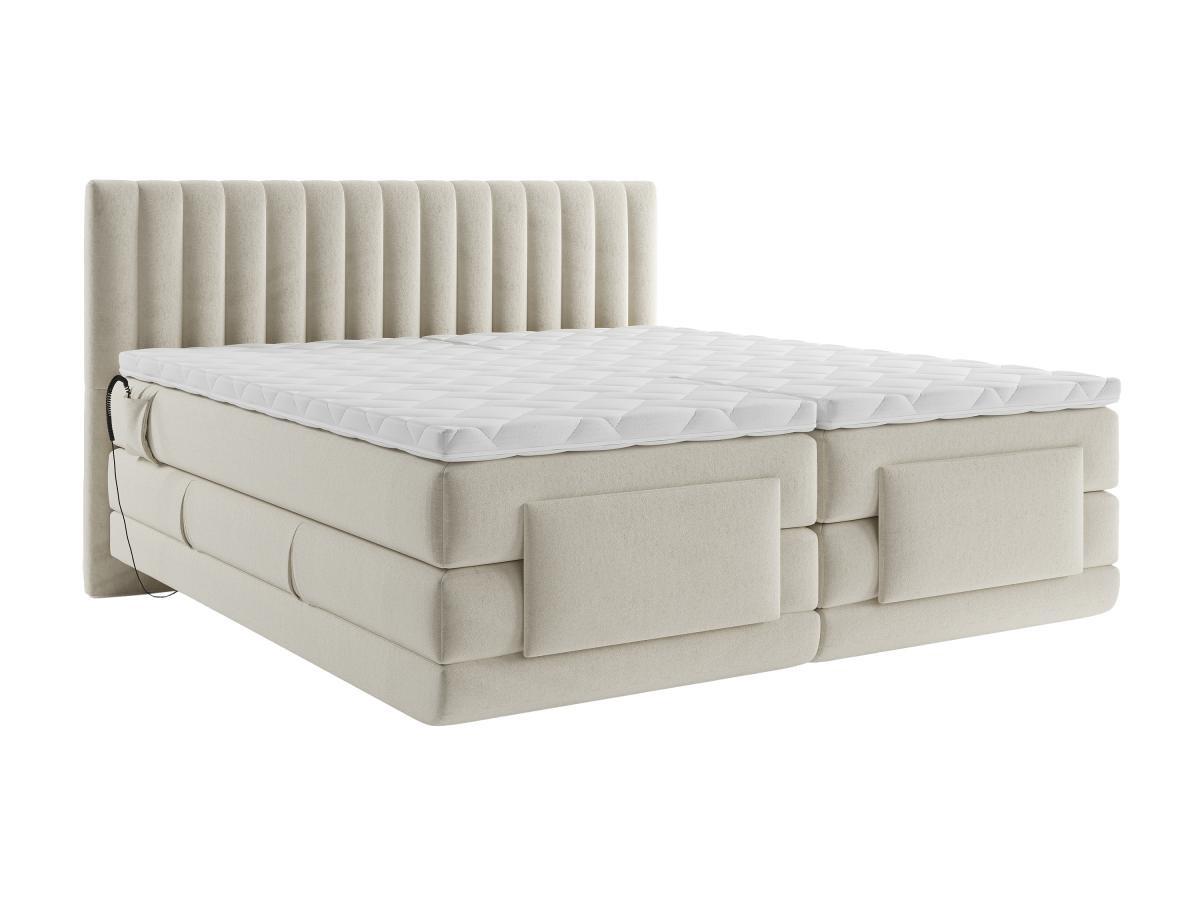 Image of Boxspringbett mit vertikalen Ziernähten am Kopfteil + elektrischem Untergestell mit Relaxfunktion + Matratze + Topper - 2 x 80 x 200 cm - Samt - Beige - DONISI von PALACIO Boxspringbett mit vertikalen Ziernähten am Kopfteil + elektrischem Untergestell mit