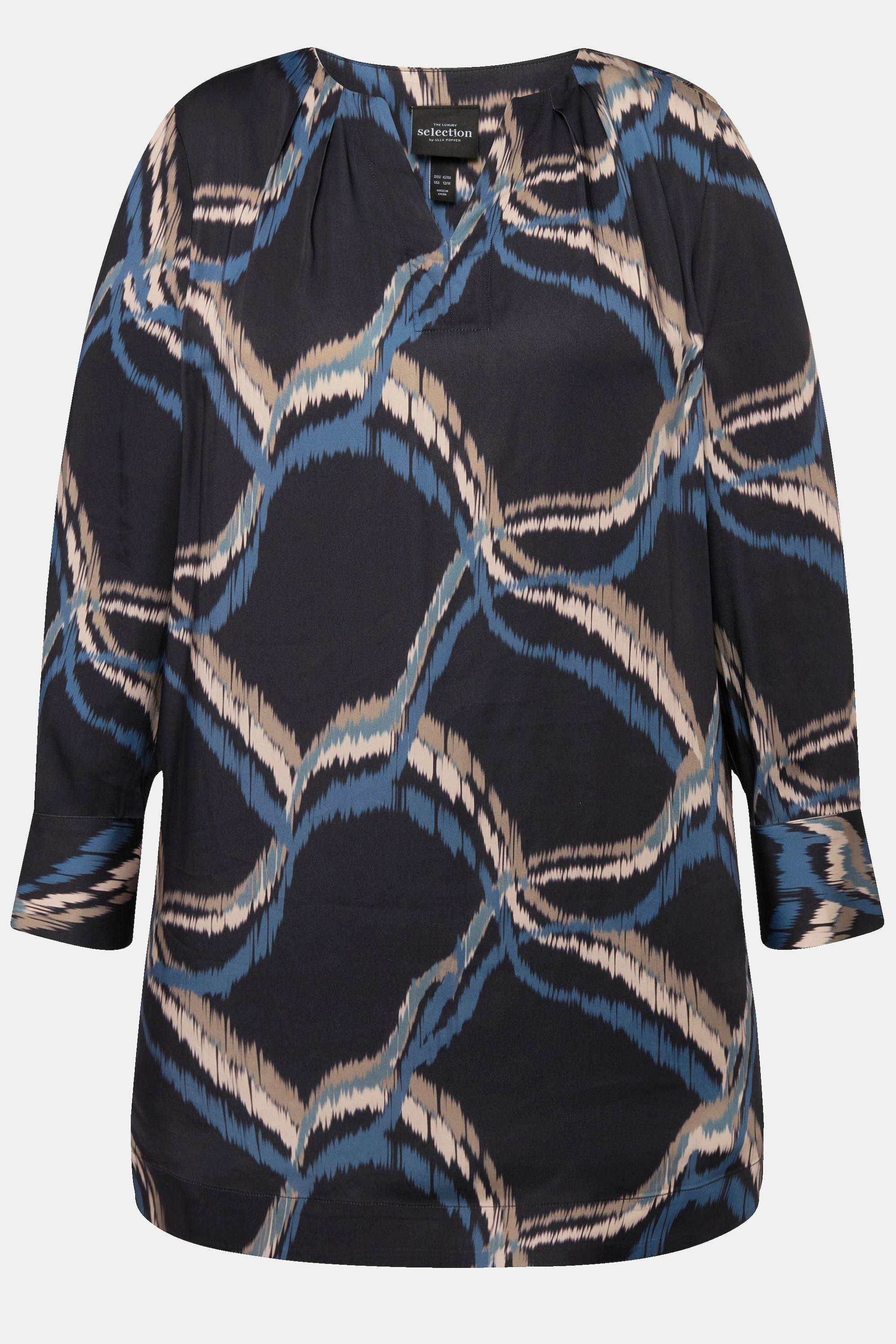 Ulla Popken Blusa in raso Scollo a tunica Piega decorativa Maniche lunghe  