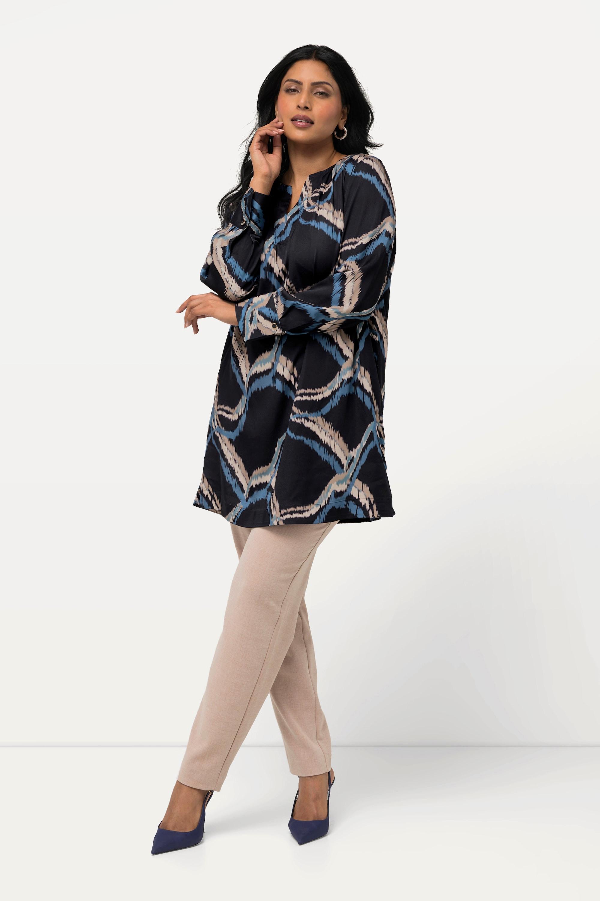 Ulla Popken Blusa in raso Scollo a tunica Piega decorativa Maniche lunghe  