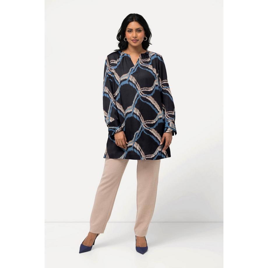 Ulla Popken Satinbluse Tunika-Ausschnitt Zierfalten Langarm  