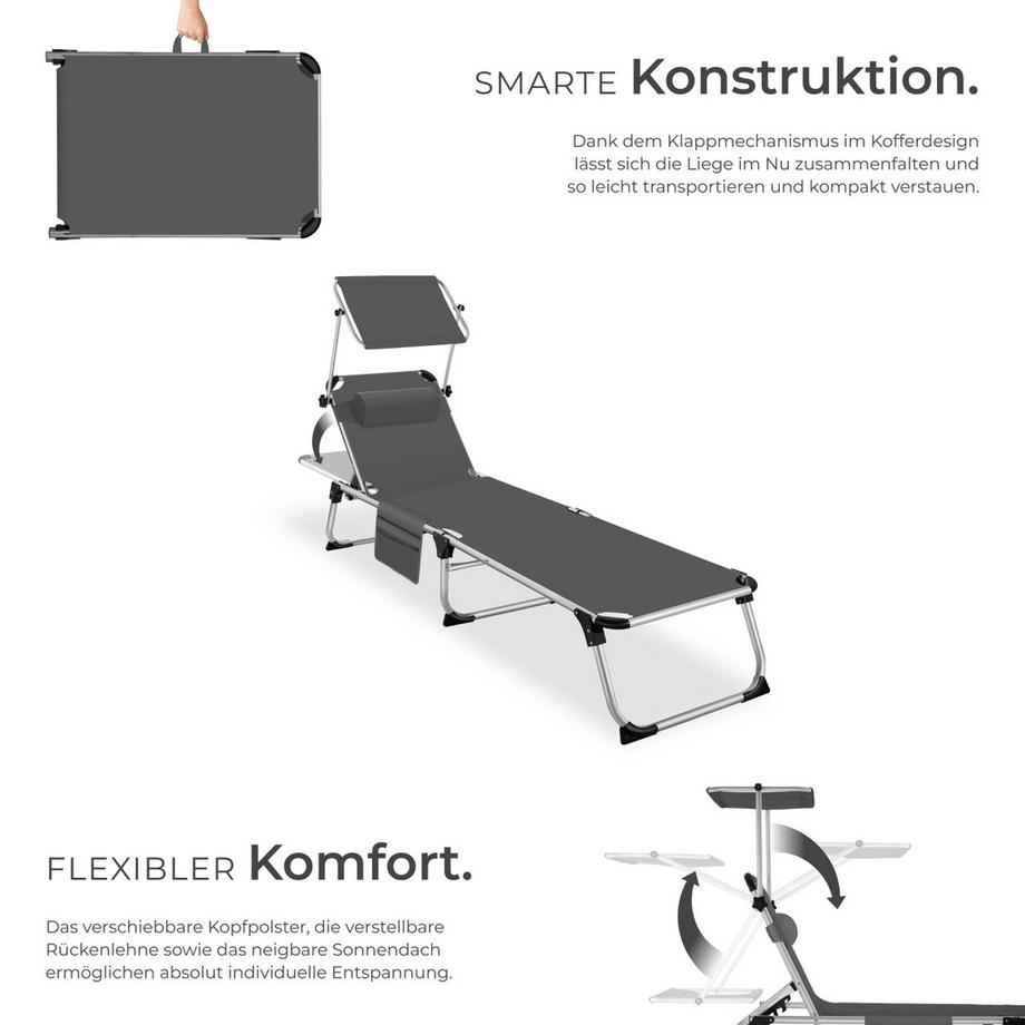 Tectake Sonnenliege Aurelie klappbar, mit Kopfkissen mit Aluminiumgestell, stufenlos verstellbares Sonnendach  