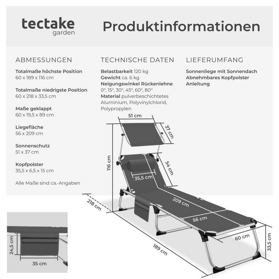 Tectake Sonnenliege Aurelie klappbar, mit Kopfkissen mit Aluminiumgestell, stufenlos verstellbares Sonnendach  