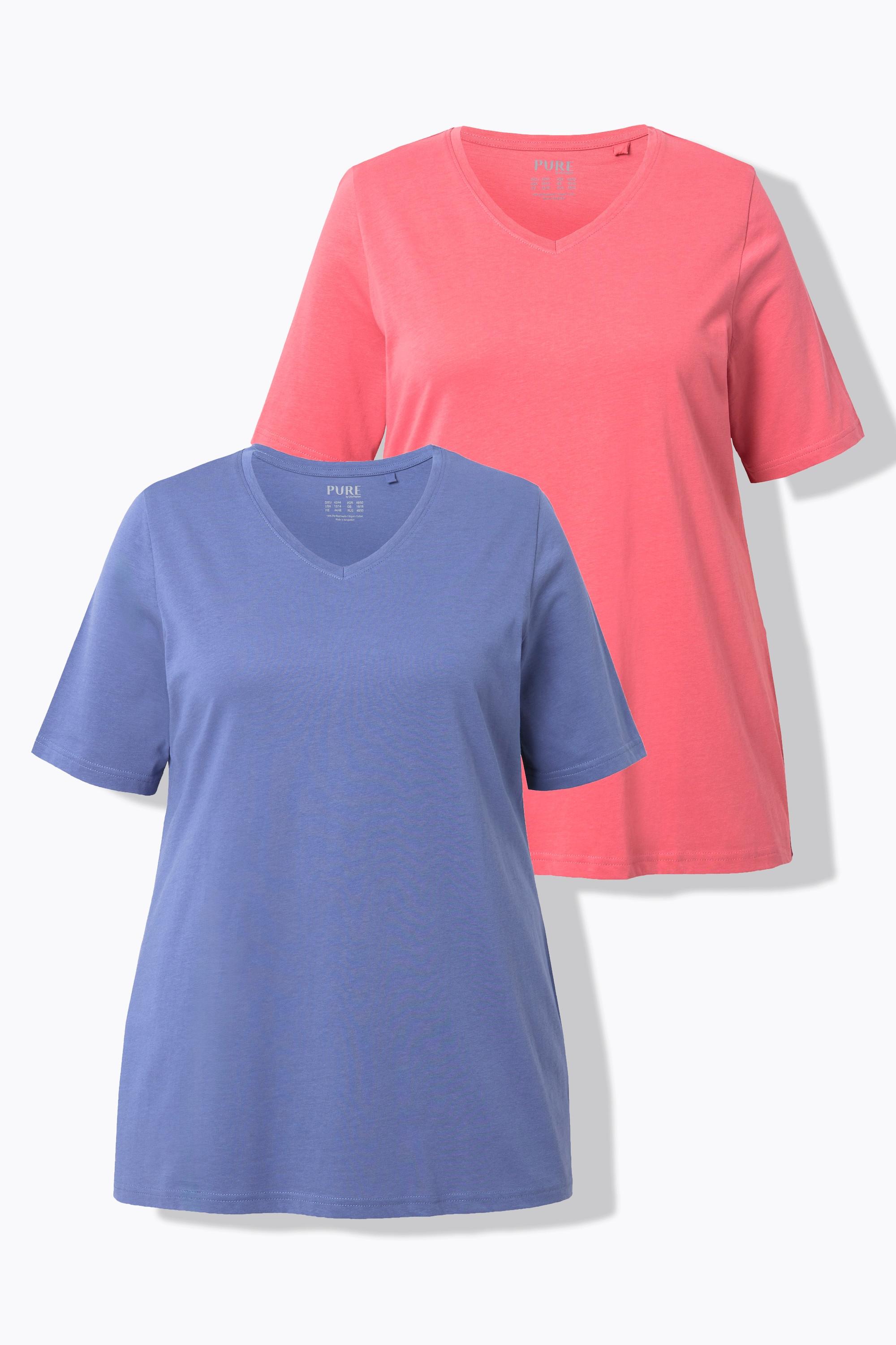 Ulla Popken  T-shirts en coton bio. Col en V et manches courtes. Lot de 2. 