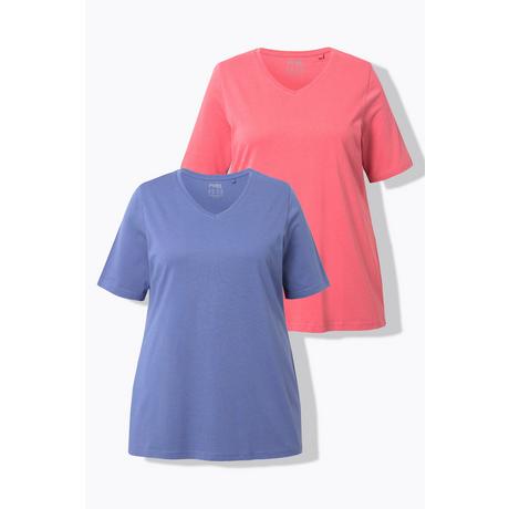 Ulla Popken  T-shirts en coton bio. Col en V et manches courtes. Lot de 2. 