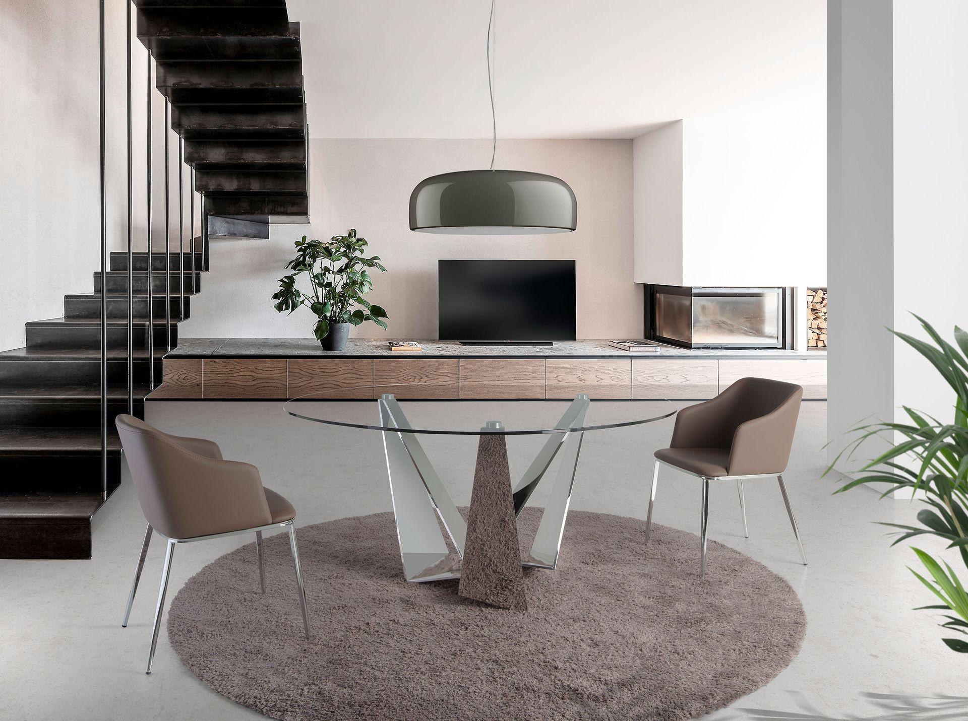 ANGEL CERDA Esstisch runde gehärtetes Glas aus verchromter Stahl  