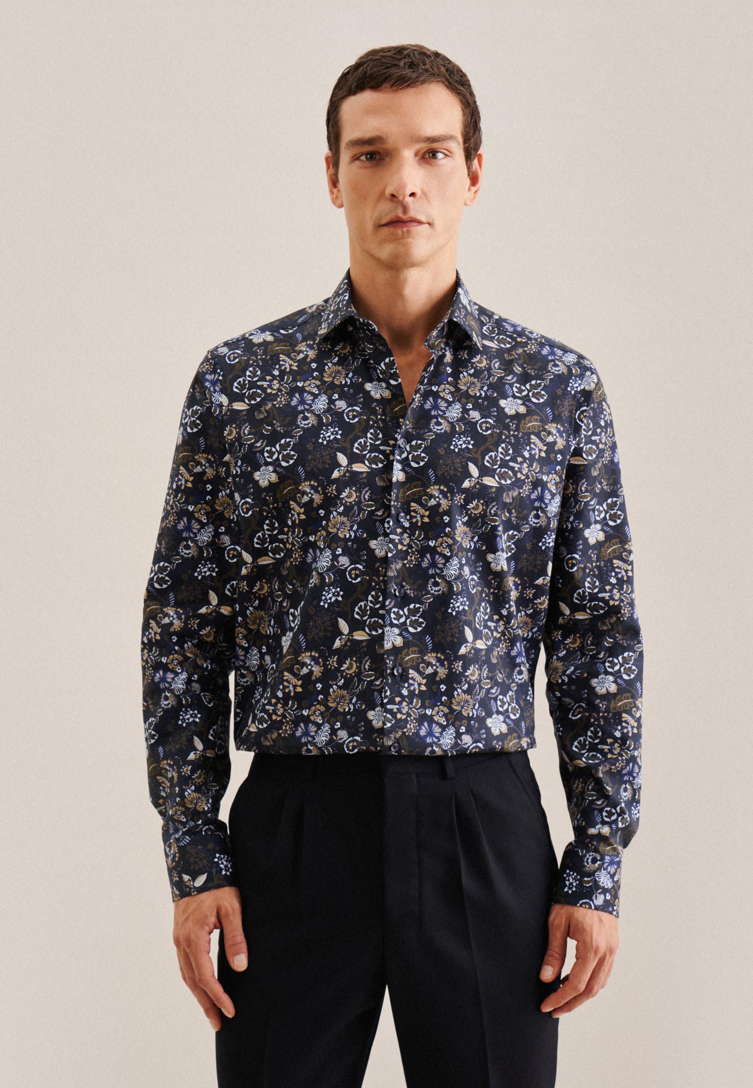 Image of Business Hemd Comfort Fit Langarm Druck Herren Dunkelblau 43