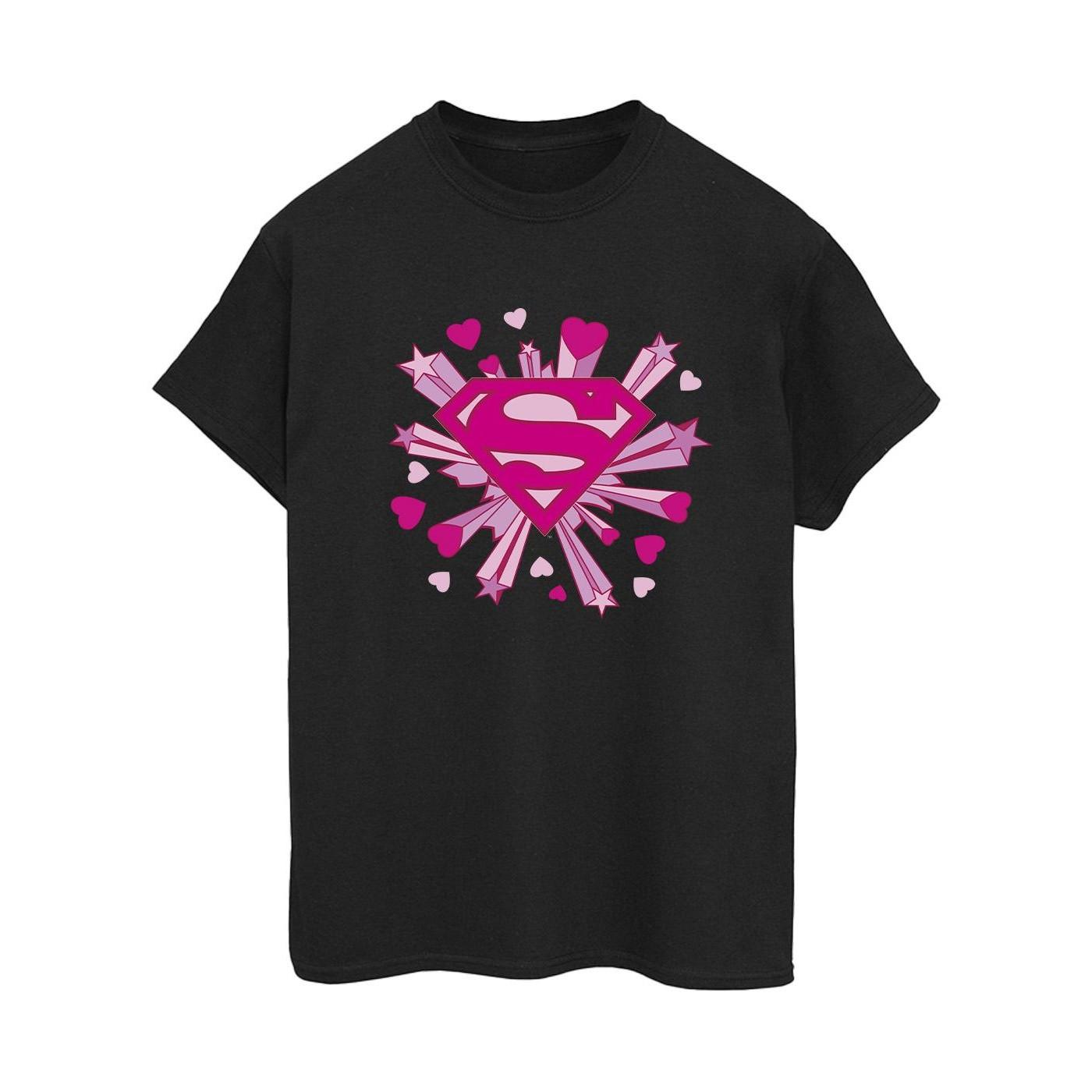 Image of Superman Pink Hearts And Stars Logo Tshirt Damen Schwarz 3XL