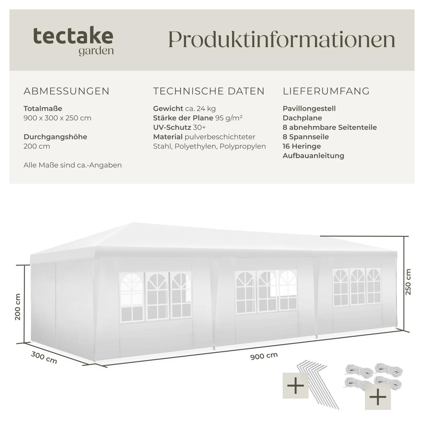 Tectake Pavillon Miramas 9 x 3 m, im Stecksystem 8 abnehmbare Seitenteile, 2 Reißverschlussöffnungen  