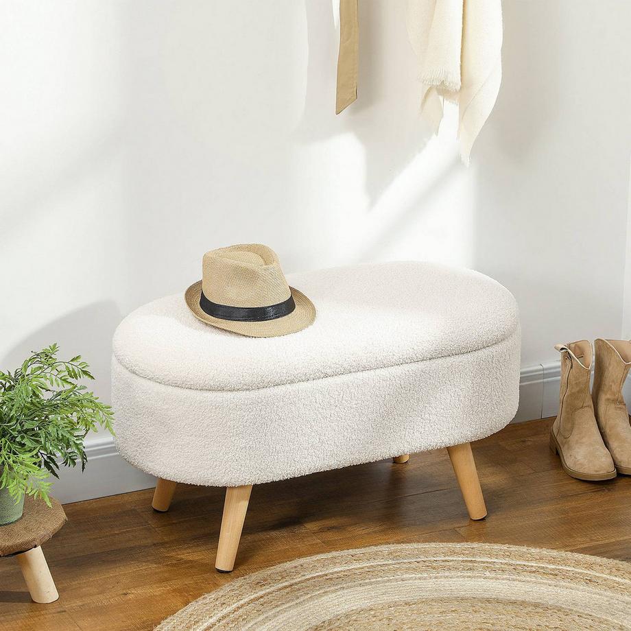 Northio Sitzbank mit Stauraum, Polsterbank mit Deckel, Bettbank mit Teddysamtoptik, für Flur Schlafzimmer Wohnzimmer, Holzrahmen 82 x 41 x 45 cm Weiß  