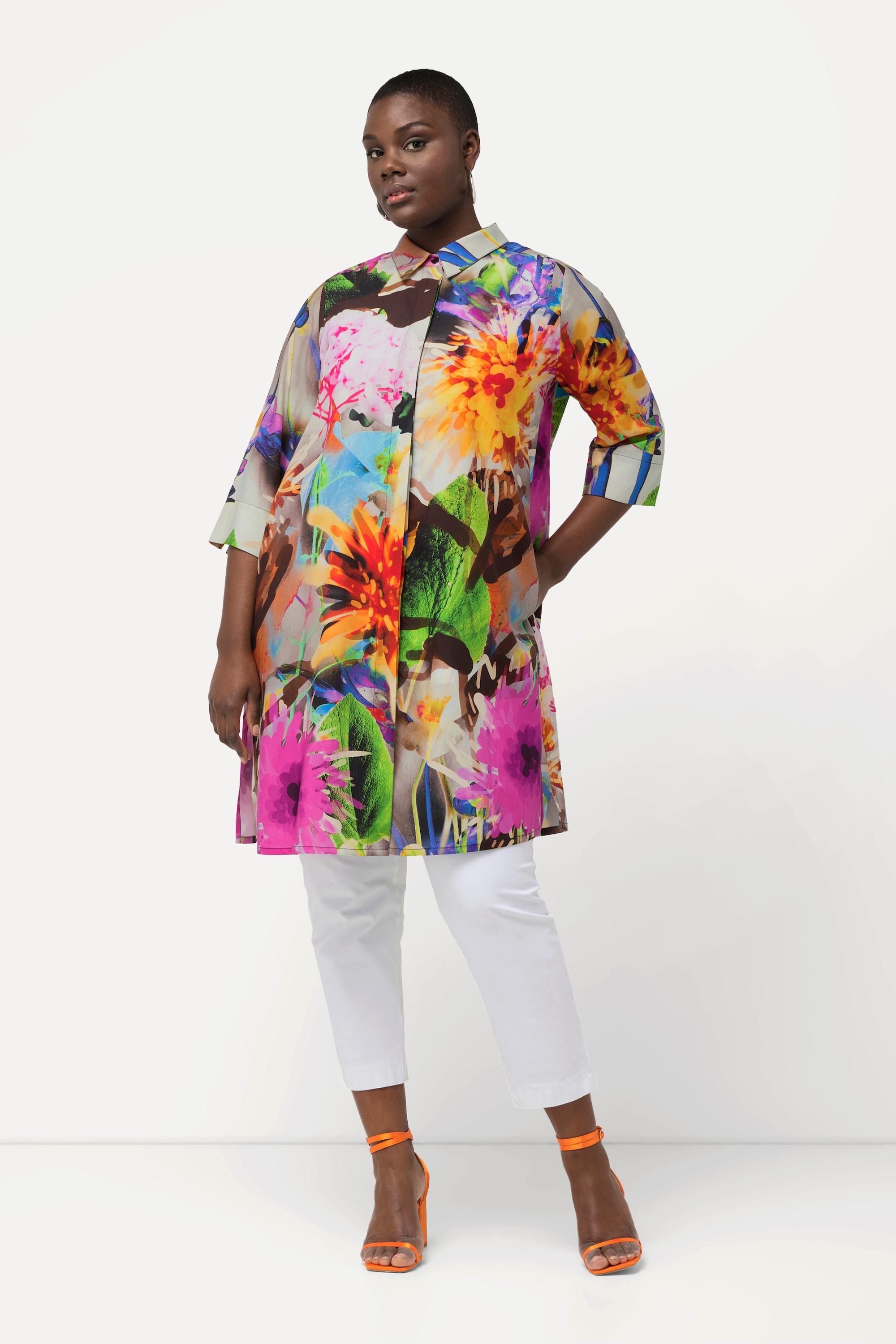 Ulla Popken  Lyocell-Longbluse, Blüten, Hemdkragen, 3/4-Arm 