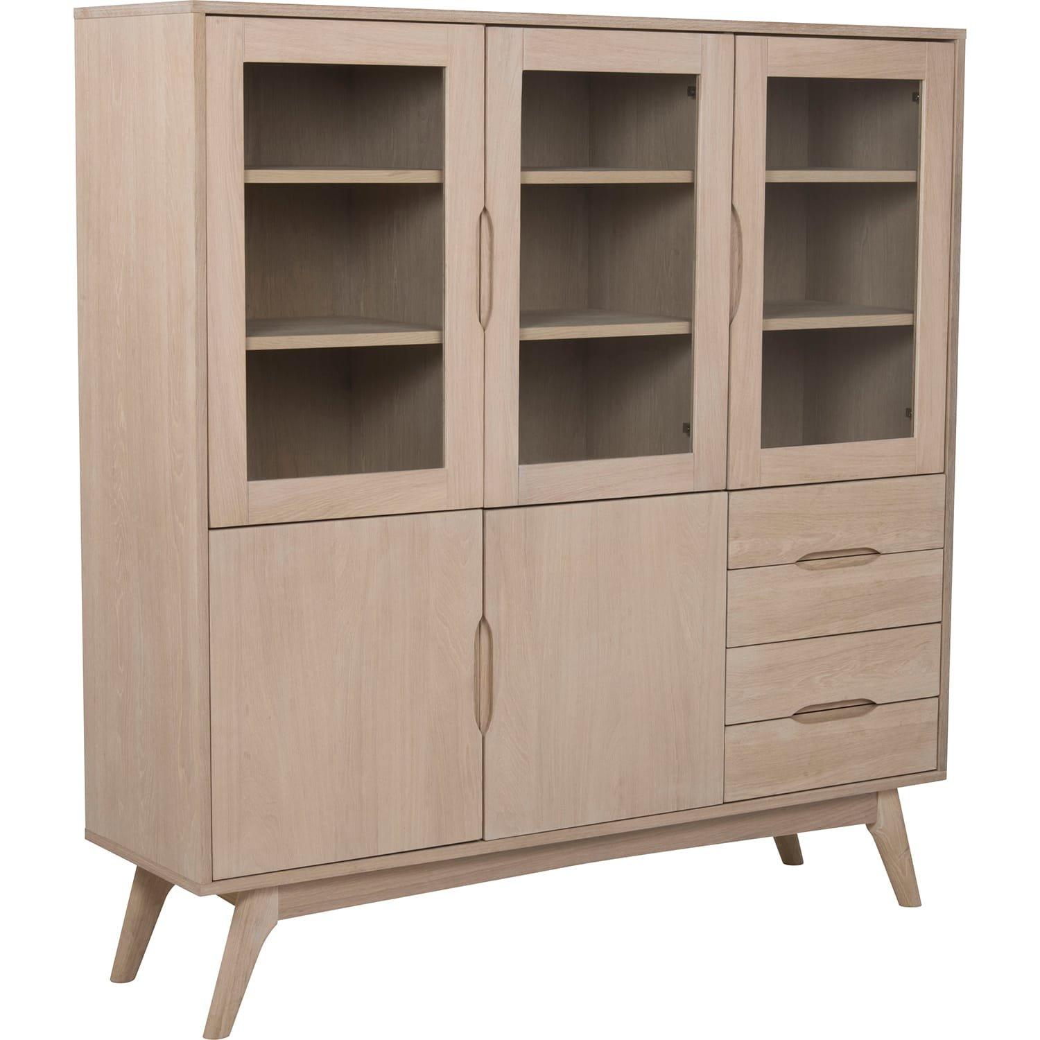 Image of Vitrine Brighton Massiv Furnier Eiche Weiss 3 Glas Türen 2 Holztüren 4 Schubladen 140x40x148cm Vitrine Brighton Massiv Furnier Eiche Weiss 3 Glas Türen 2 Holztüren 4 Schubladen 140x40x148cm