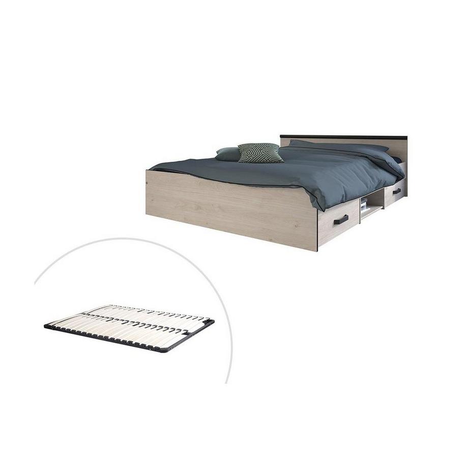 Vente-unique Letto con vani portaoggetti 140 x 190 cm 2 cassetti e 1 nicchia Naturale + Rete - PABLO  