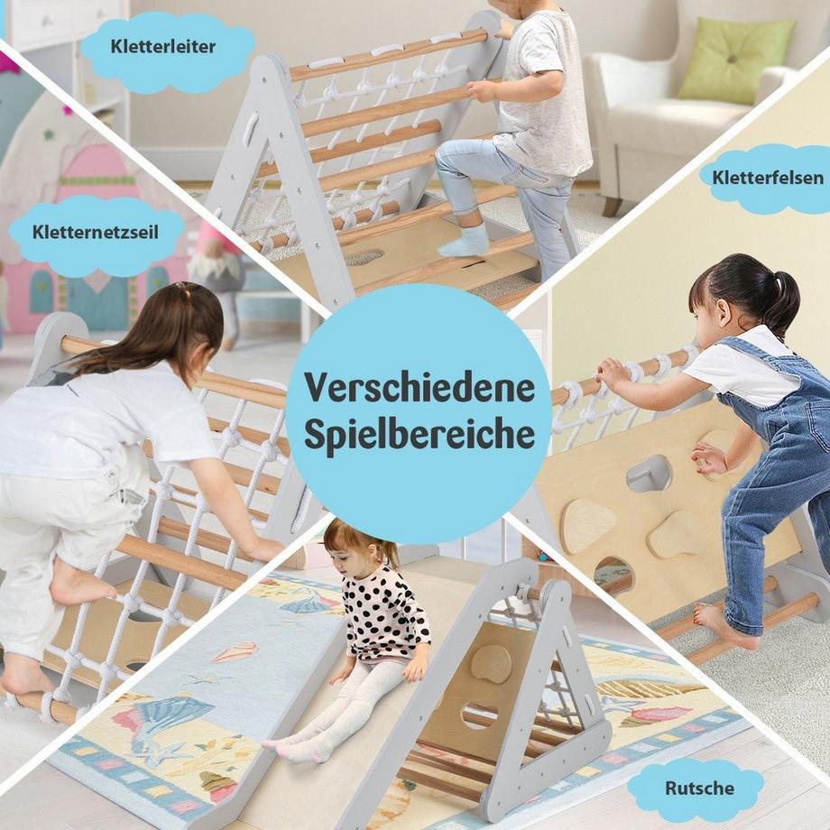 Northio Triangle d'escalade 4 en 1 avec toboggan en bois 62,5 x 64 x 57,5 ​​cm gris  