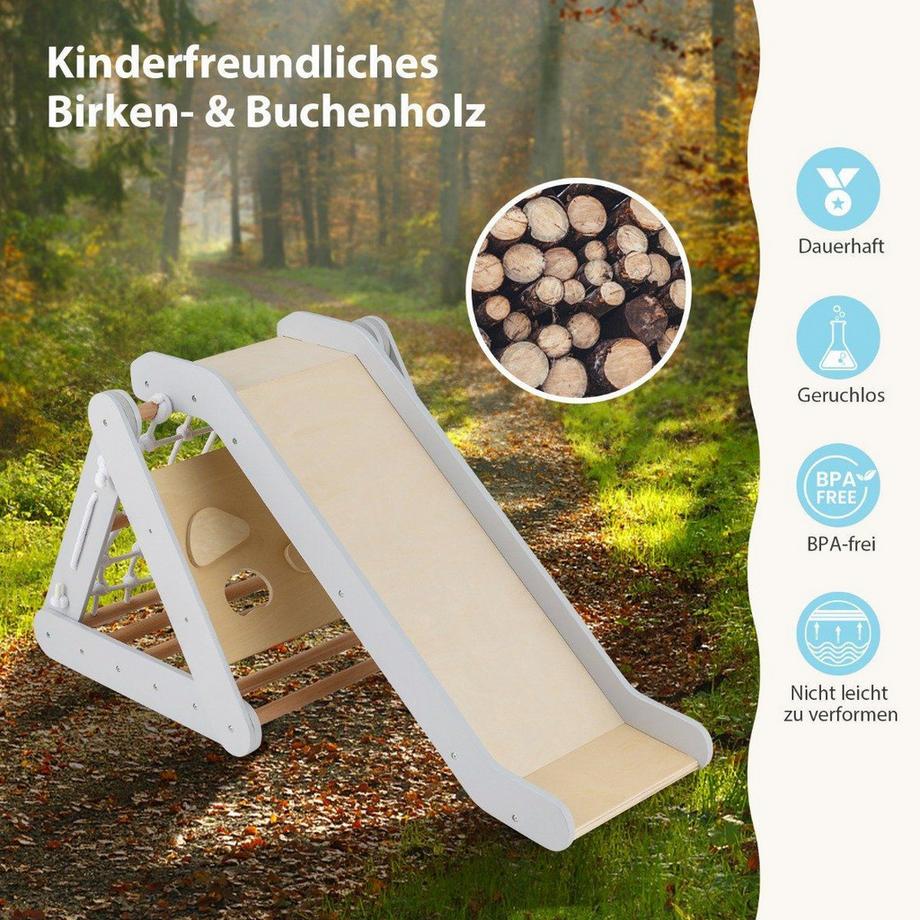 Northio Triangle d'escalade 4 en 1 avec toboggan en bois 62,5 x 64 x 57,5 ​​cm gris  