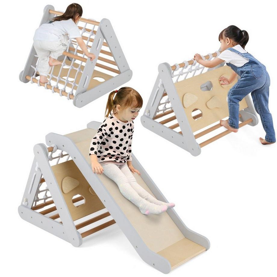 Triangle d'escalade 4 en 1 avec toboggan en bois 62,5 x 64 x 57,5 ​​cm gris