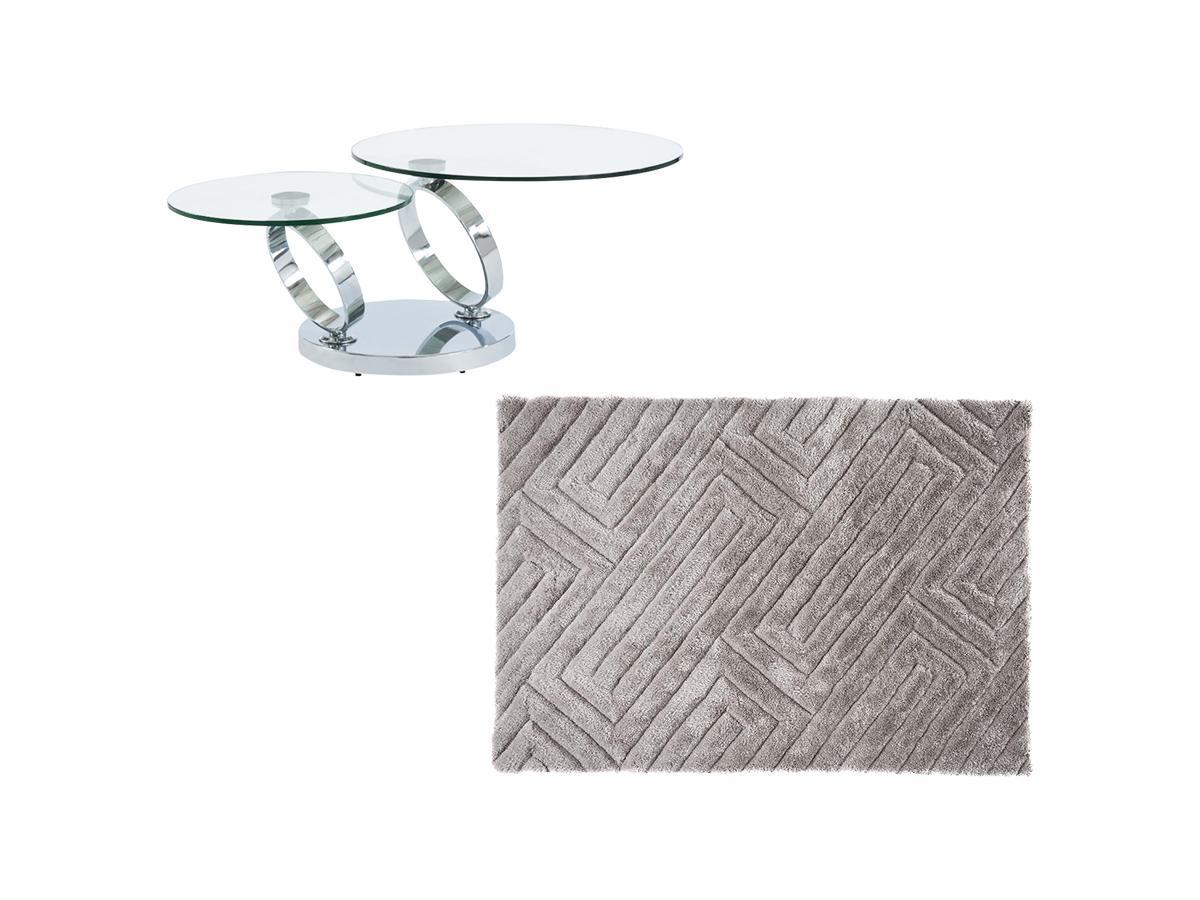 Vente-unique Ensemble table basse plateau pivotant transparent JOLINE et tapis shaggy gris MAZE  