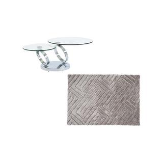 Vente-unique Ensemble table basse plateau pivotant transparent JOLINE et tapis shaggy gris MAZE  