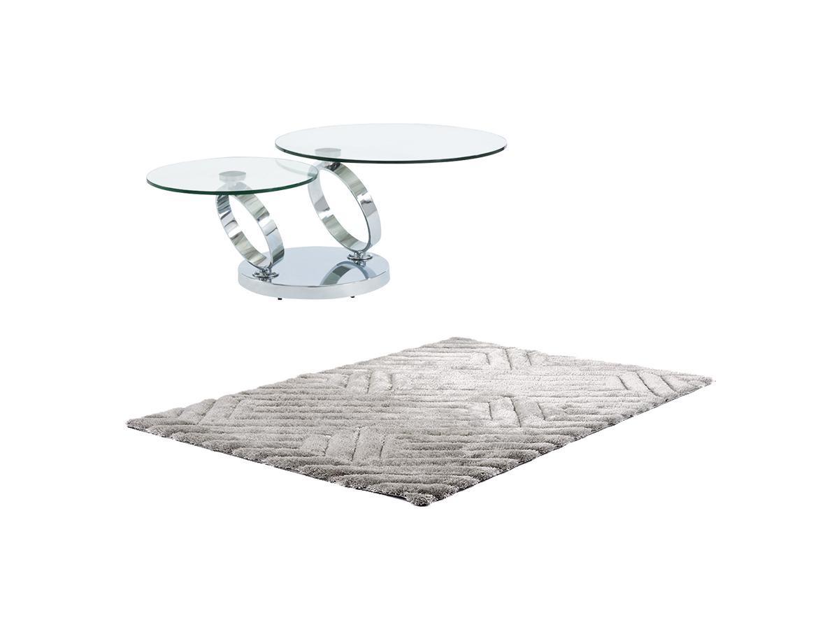 Vente-unique Ensemble table basse plateau pivotant transparent JOLINE et tapis shaggy gris MAZE  