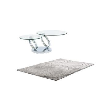 Ensemble table basse plateau pivotant transparent JOLINE et tapis shaggy gris MAZE