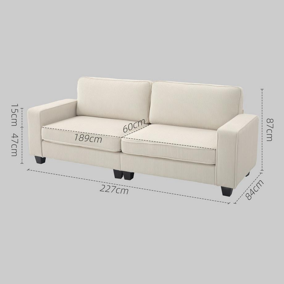 Northio 3-Sitzer Sofa, Couch mit Armlehnen, Rückenkissen, Wohnzimmersofa mit Cordbezug, Federkern, Polstersofa für Wohnzimmer, Schlafzimmer 227 x 84 x 87 cm, Cremeweiß Aosom  