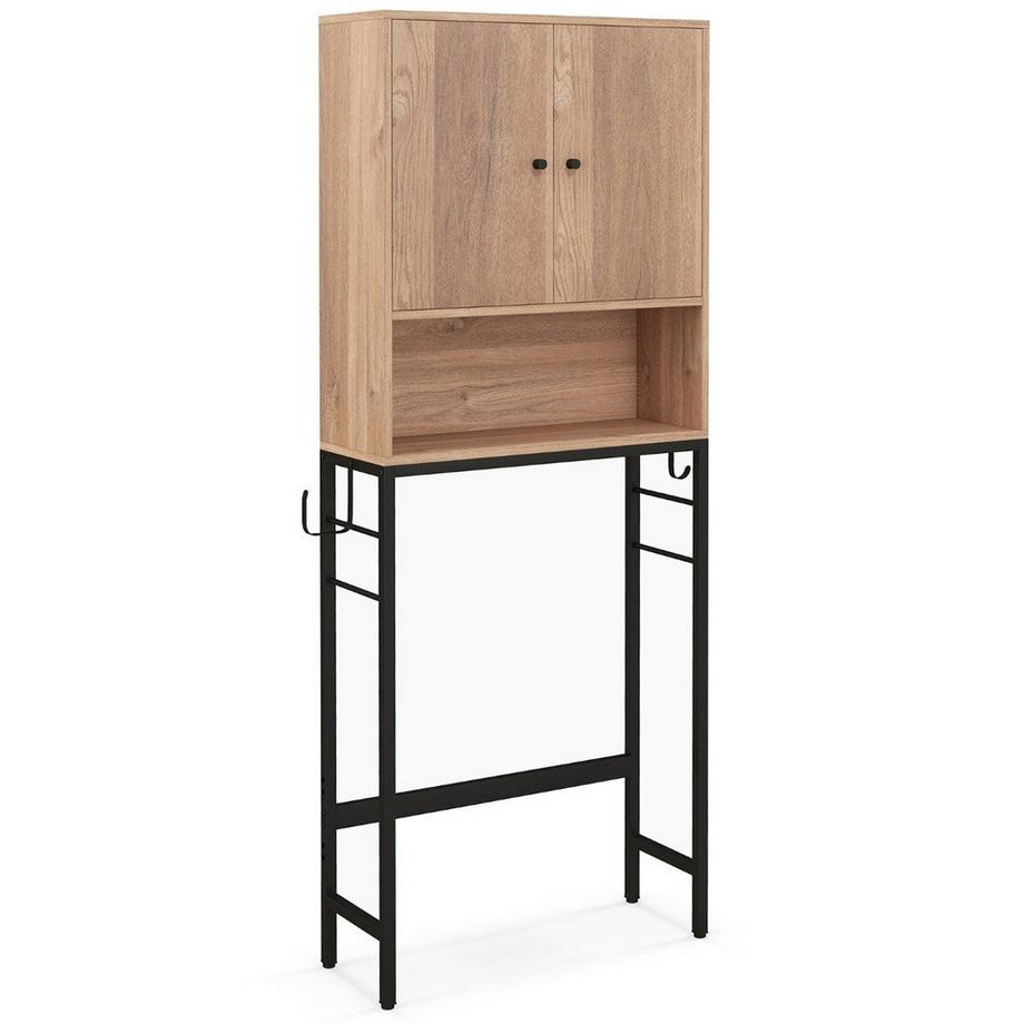 B2X Toilettenschrank freistehend Toilettenregal mit 2 Türen & 2 Haken 63 x 23 x 165,5 cm Natur  