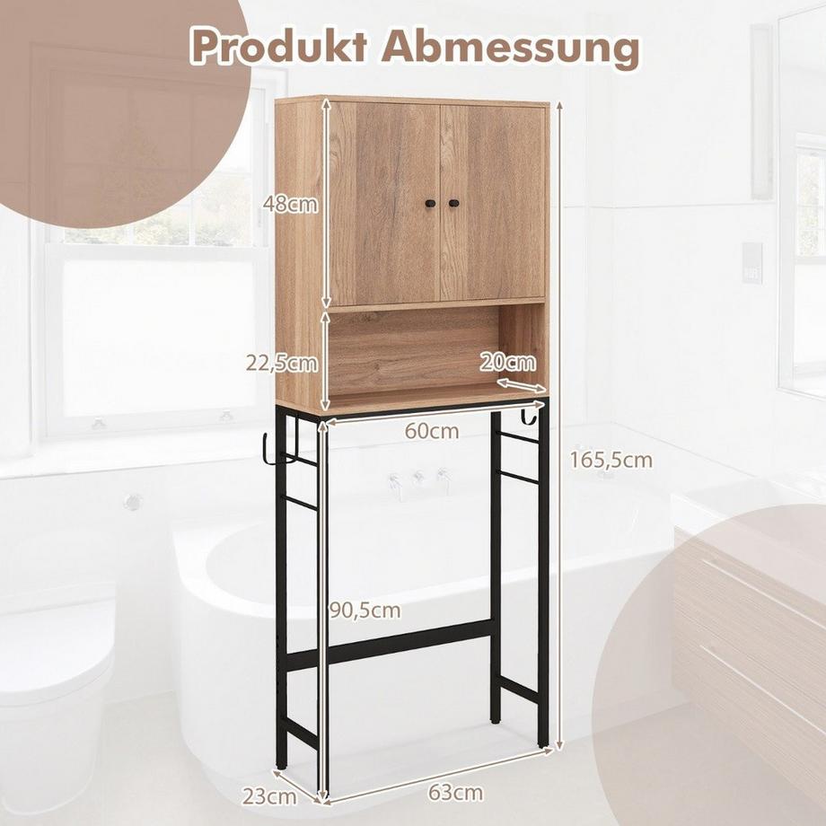 B2X Toilettenschrank freistehend Toilettenregal mit 2 Türen & 2 Haken 63 x 23 x 165,5 cm Natur  