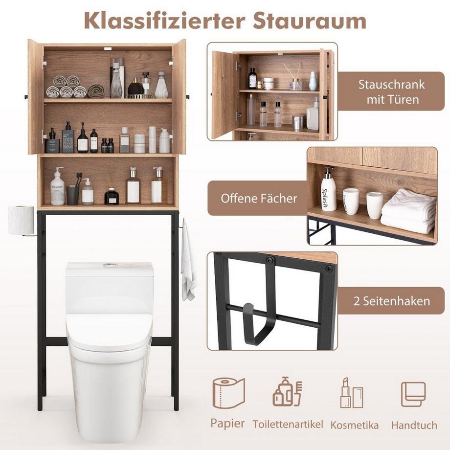B2X Toilettenschrank freistehend Toilettenregal mit 2 Türen & 2 Haken 63 x 23 x 165,5 cm Natur  